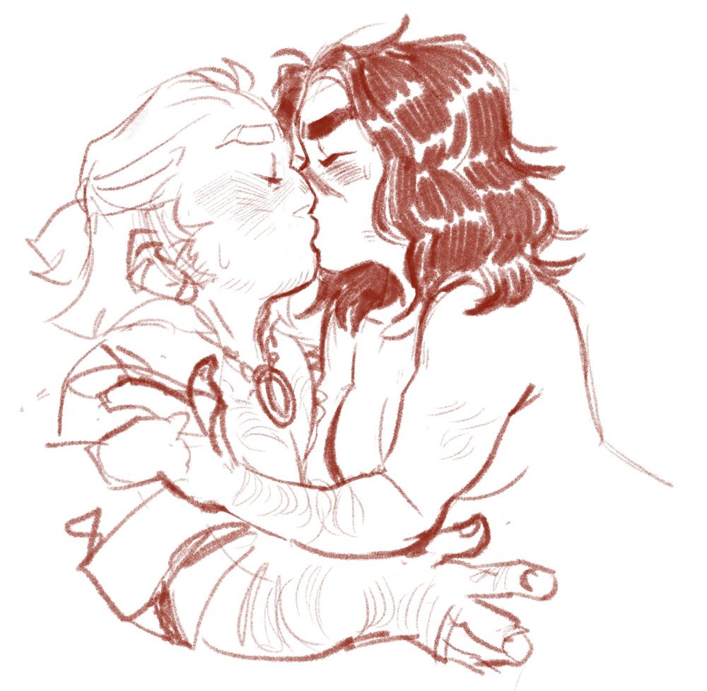 a rough sketch of hawke kissing varric