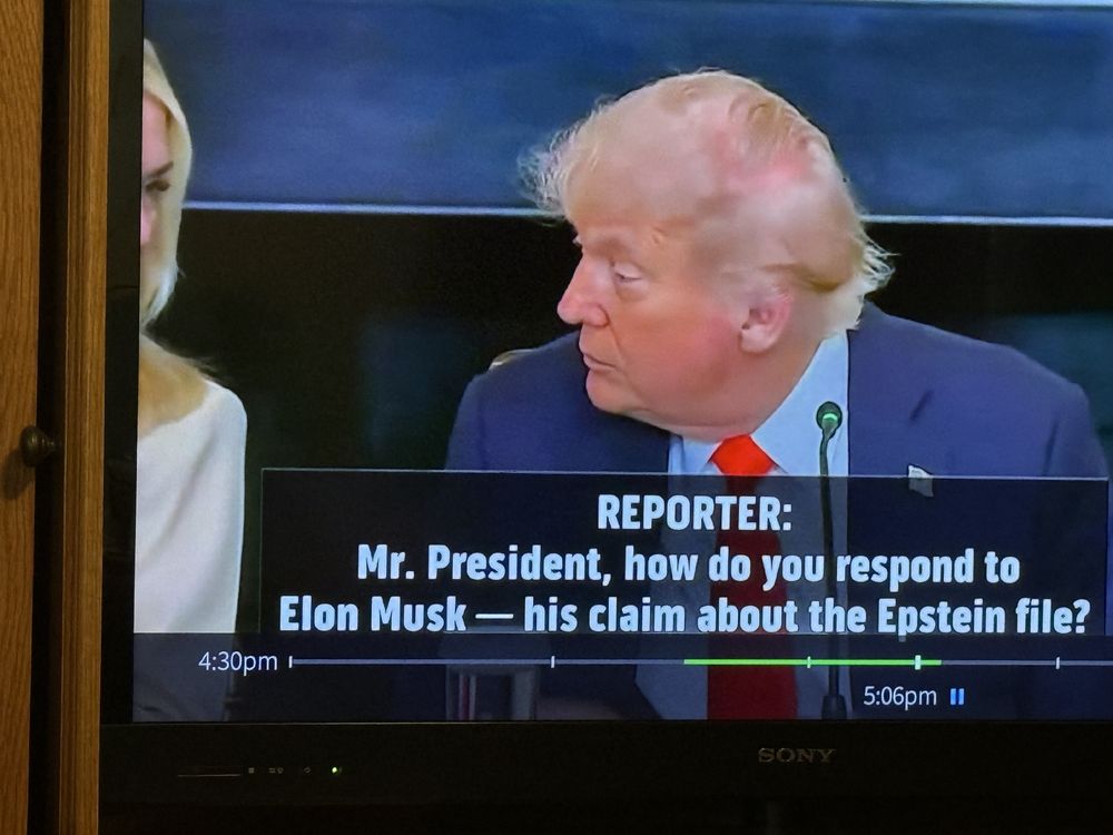 Screenshot of Trump turned to his right, exposing a large pink area of scalp where his elaborately woven combover has shifted. His expression is wary, his chin is flabby and weak.

Caption on screen says

Reporter: Mr President, how do you respond to this claim about the Epstein files?