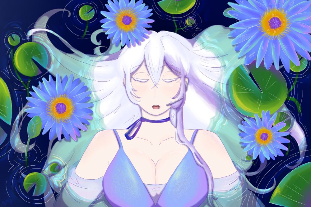 A digital drawing by quinnz showing a fair-skinned white haired girl in a pool of water. Lillipads and Lotus Flowers are on the surface of the water creating ripples. The girl is wearing a blueish-purple dress and has a purple streak through her hair