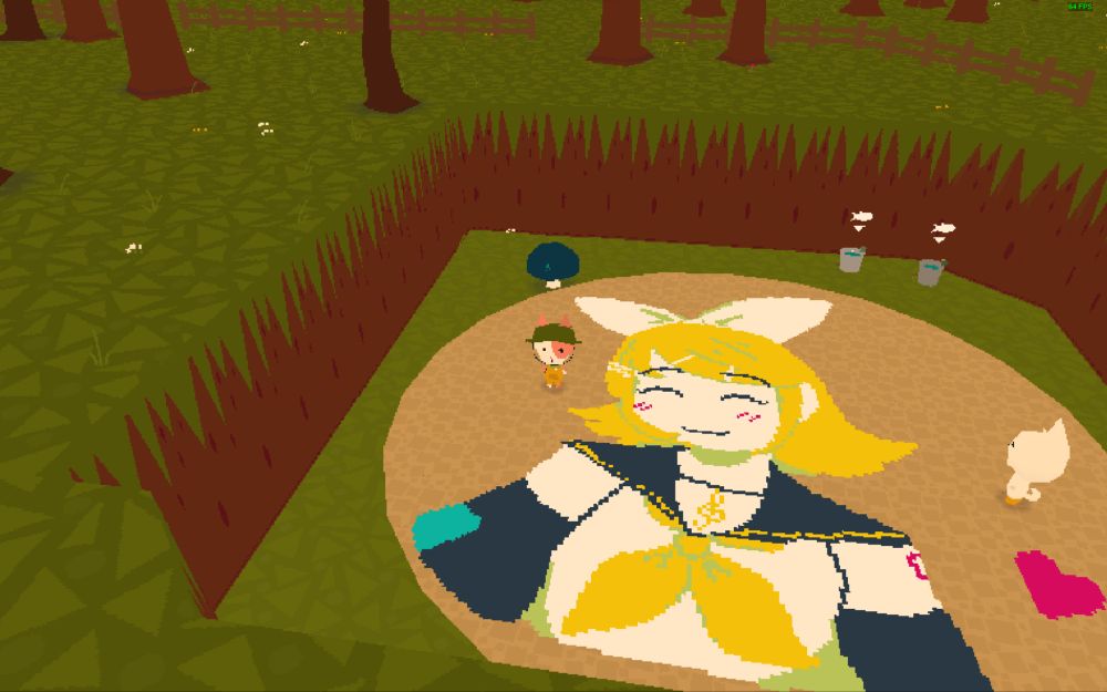 Screenshot from WEBFISHING, Descriptor being A high angled photo with the previously mentioned artwork, with 2 low-poly avatars standing on top of it.