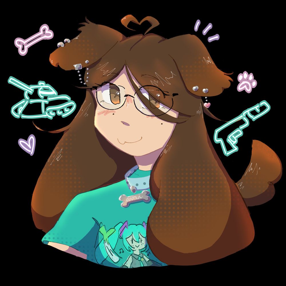 A drawing for @emiispuppy.bsky.social, showing a brown haired dog girl with a collar, several earrings and a Hatsune Miku t-shirt