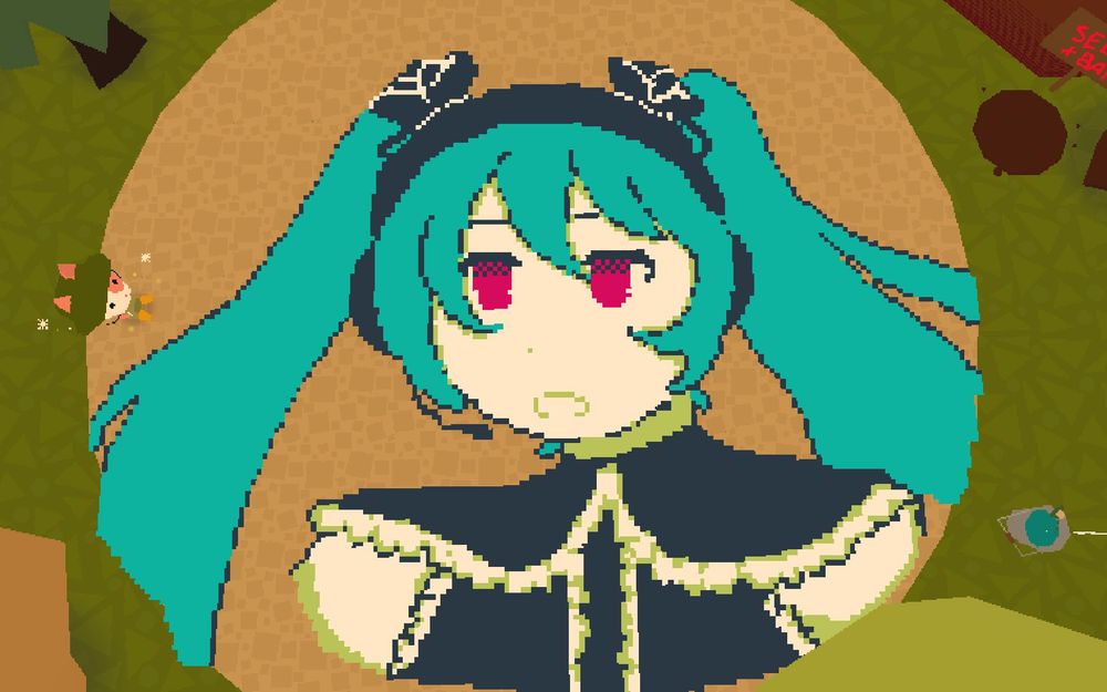 An overhead view of pixel art of Hatsune Miku, specifically in her Infinity module from Project DIVA, drawn in WEBFISHING.