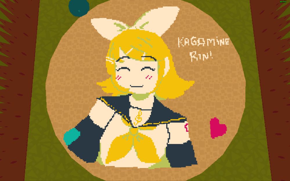 An overhead view of pixel art featuring the VOCALOID Kagamine Rin. Drawn in a low-poly game called WEBFISHING
