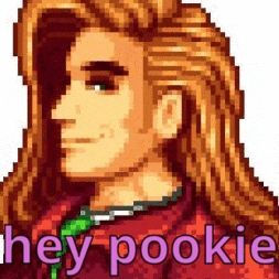 a pixel art of a man with the words hey pookie