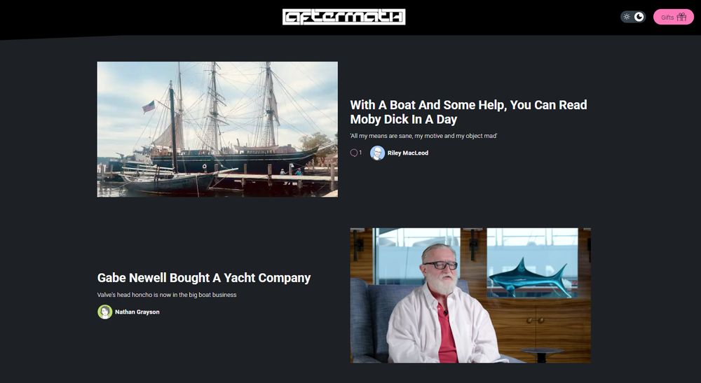 aftermath's front page with two headlines: "With A Boat And Some Help, You Can Read Moby Dick In A Day" and "Gabe Newell Bought A Yacht Company"