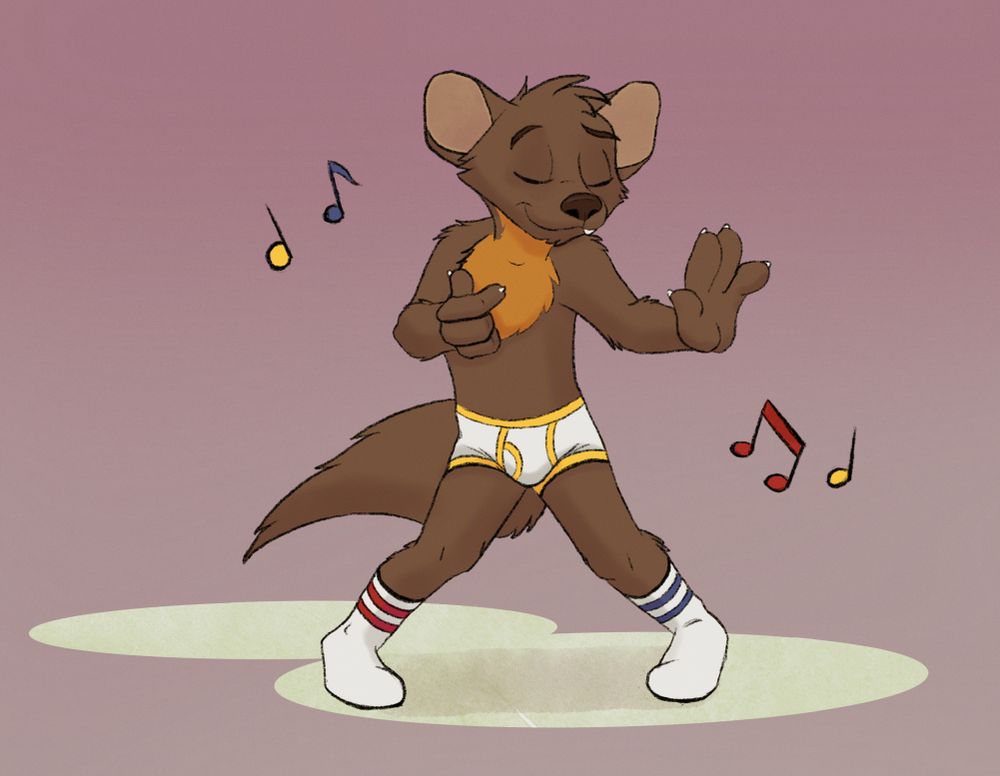 A toony marten dances to some music dressed in only some white briefs with yellow piping and a pair of crew socks, one red striped and the other blue striped.