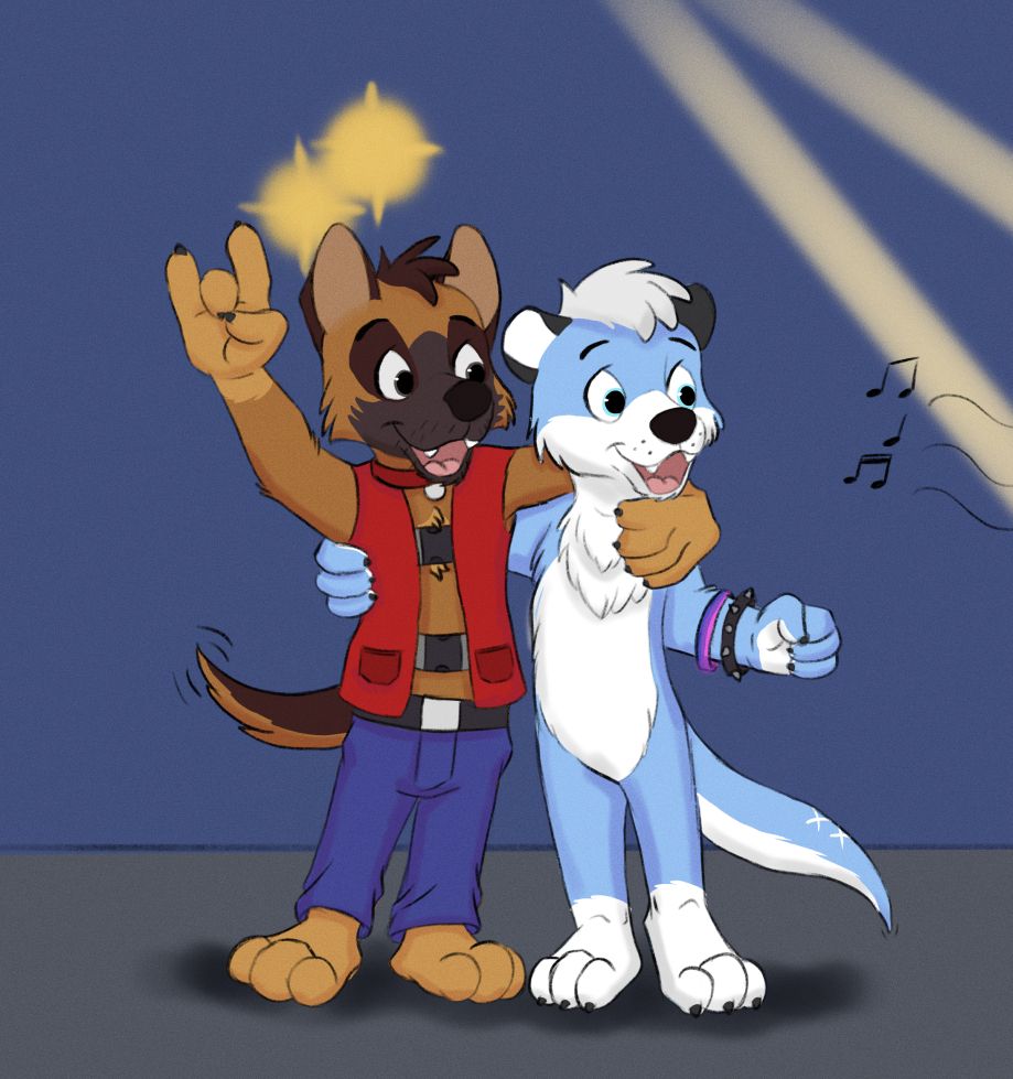 A dog in a service dog vest throws up the horns while draping his arm over a blue otter with two armbands. Both otter and dog are enjoying the music they hear.