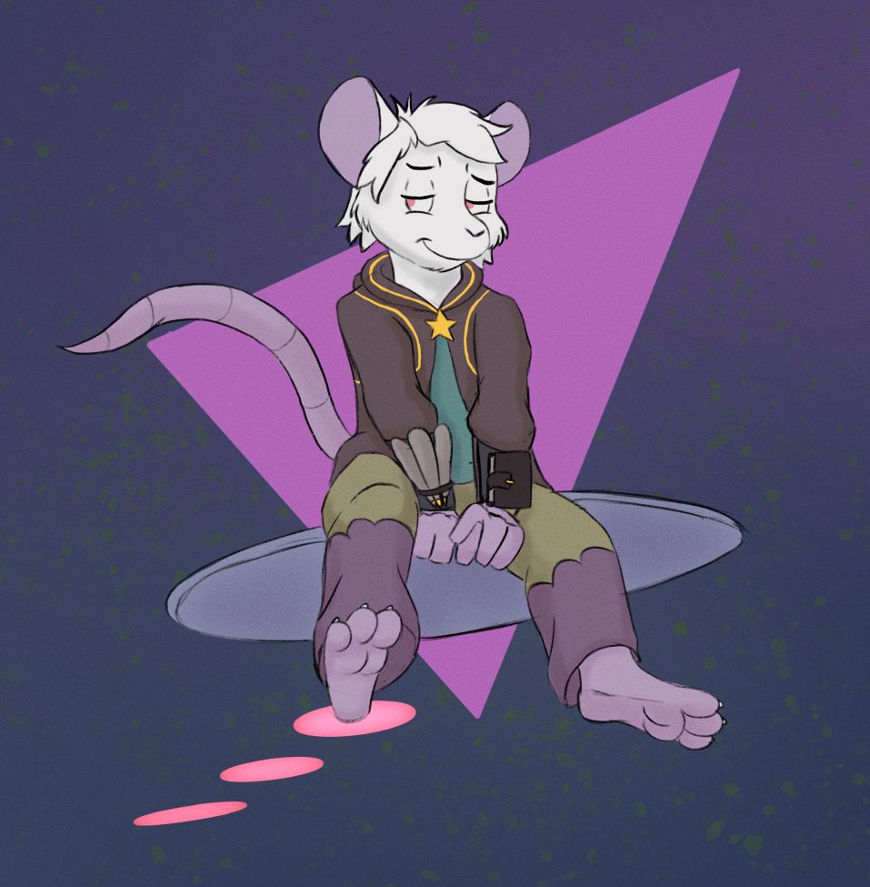 A mouse looks off-screen with a half-smile on his face, seated on a floating disk.