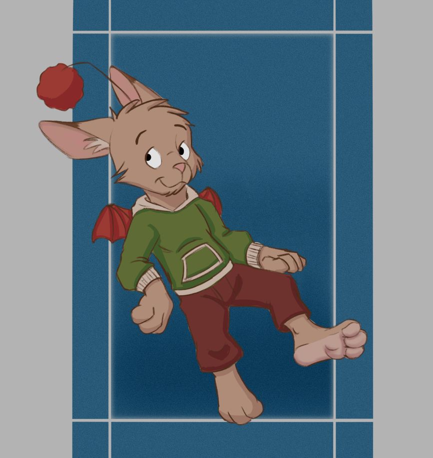 A light brown moogle in a green hoodie and dark brown pants smiles for the camera