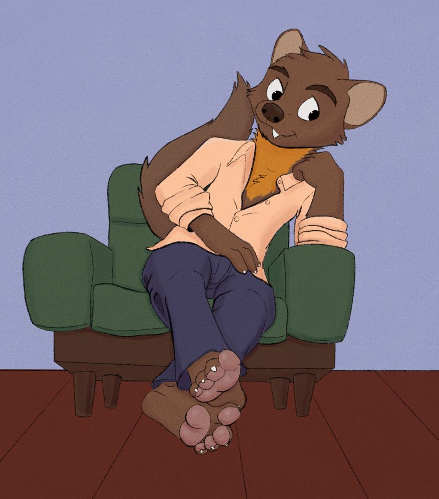 Treezel, a marten, sits on a green uhpolstered chair with a wooden base, wearing a peach-colored shirt open at the top two buttons to let his orange marten bib show. His legs are in navy pants and are crossed at the ankles as they stretch out comfortably, letting the viewer see the pads on the bottoms of his feet. His fluffy tail is lifted in the back, perhaps as extra cushioning for his back, perhaps to just show off that fluff. One arm is in his lap and the other rests an elbow on the arm of his chair, fist up and resting near the side of his neck to help support him as he leans to that side slightly.