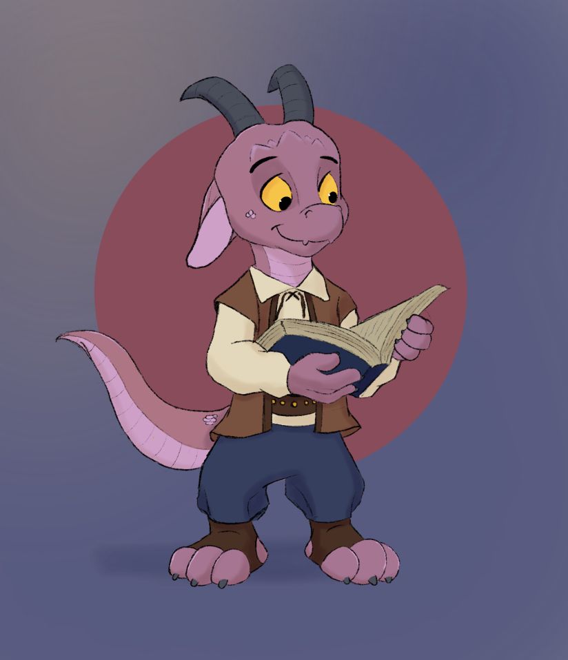 A purple kobold with goat-like horns and ears, dressed in a tunic, vest, and baggy trousers, holds a large tome in his arms and reads