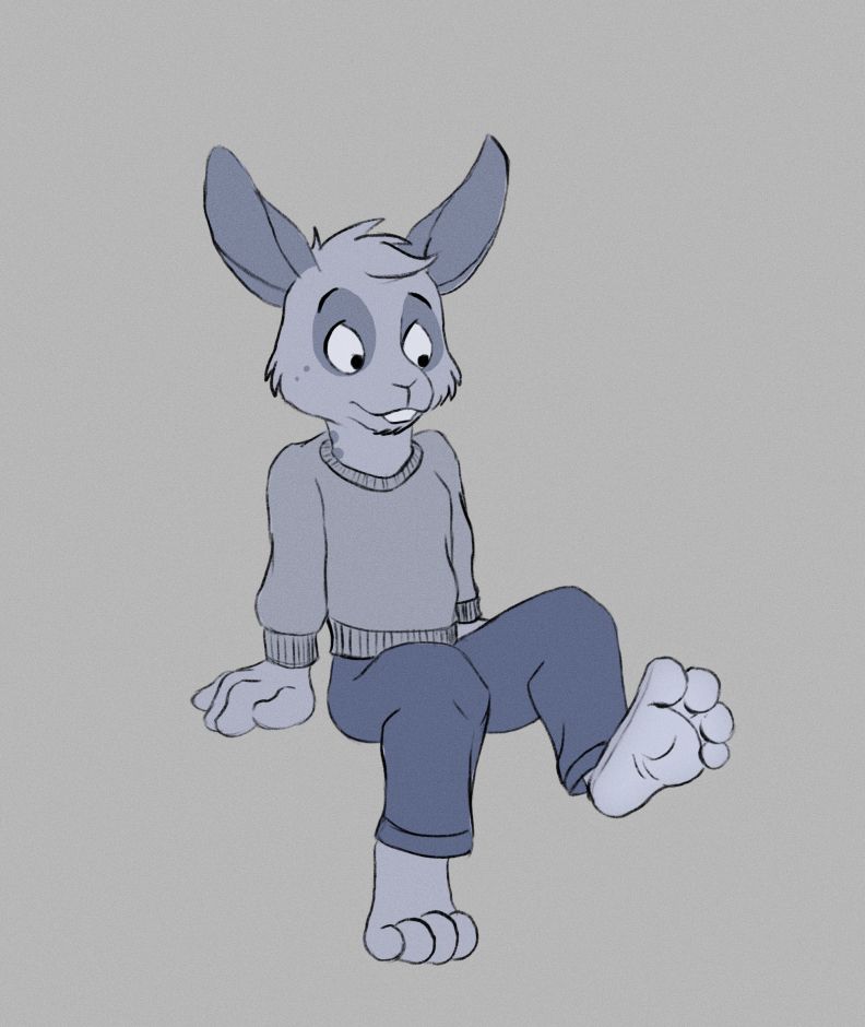 An image colored in desaturated blues of an anthropomorphic rabbit in a long-sleeve shirt and pants. He's seated and looking down at one of his bare feet, which he's lifted up so the sole is on display.