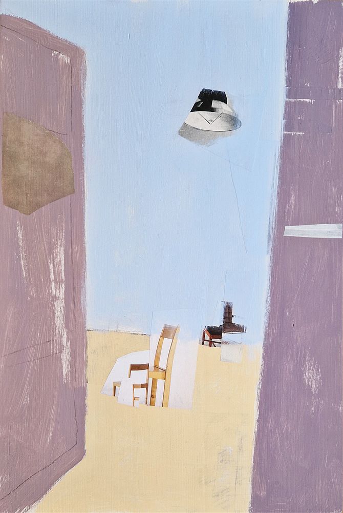 a view to a room through an open door, showing deconstructed chairs and a ceiling lamp. painting with collage elements
