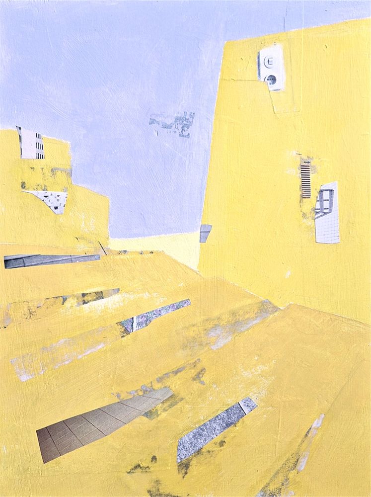 painting of a street with stairs in the foreground, in yellow and blu, with collaged elements