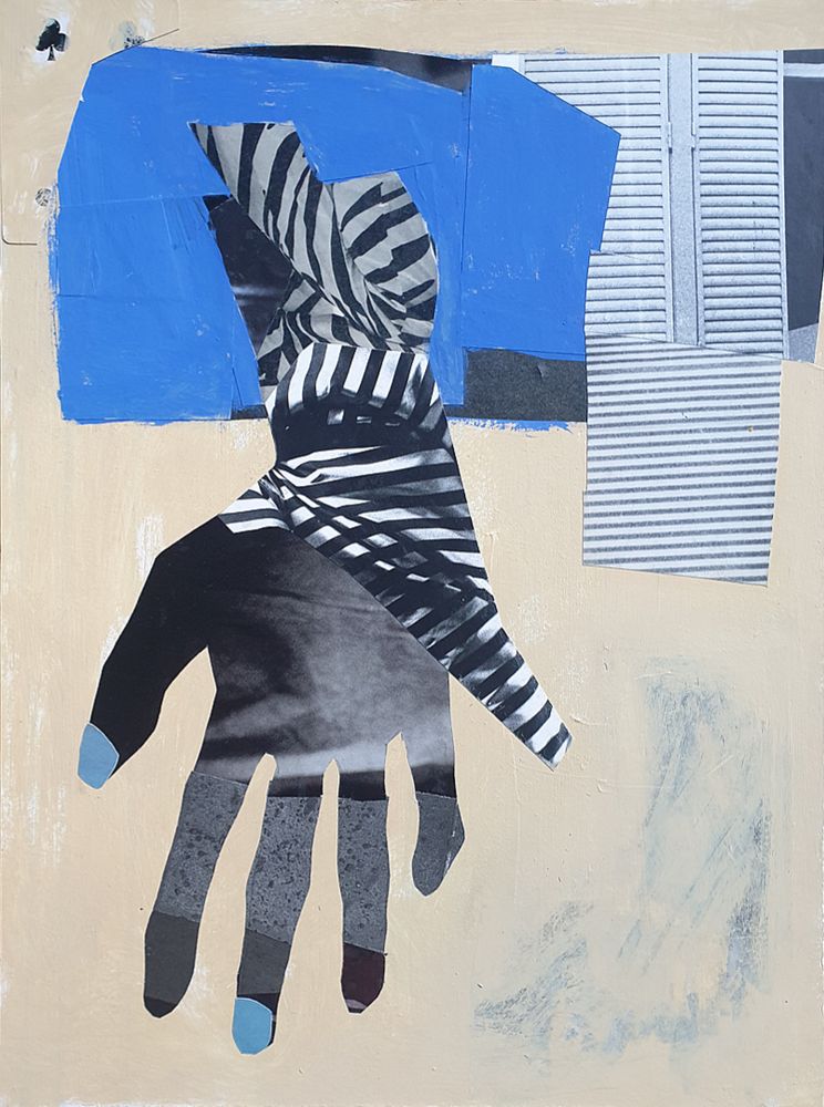 mixed media & collage artwork: a hand on a light ochre and blue background