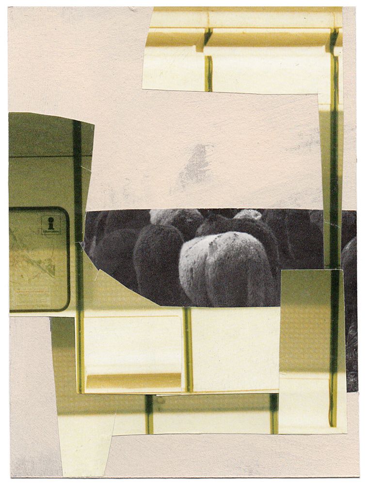 collage on painted cardboard with image fragments of sheep and a subway train station