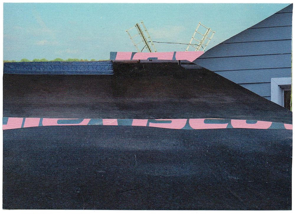 abstract collage in blu and pink, fragments of found paper on vintage postcard showing a windmill