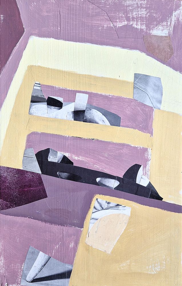 painting (with collage elements) of a kitchen shelf, in purple and ochre