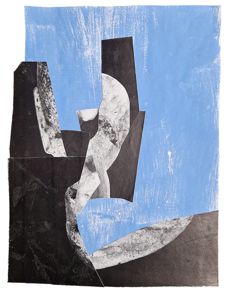abstract collage with b&w elements on blue background