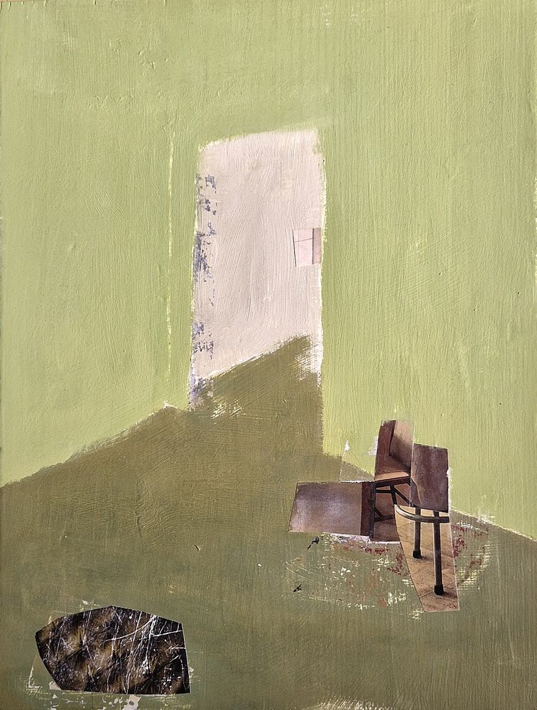 painting of a green interior with collage elements