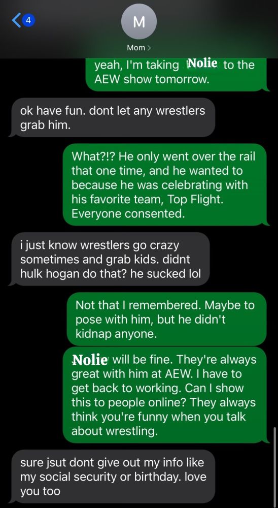 A text message exchange between my mom and I.