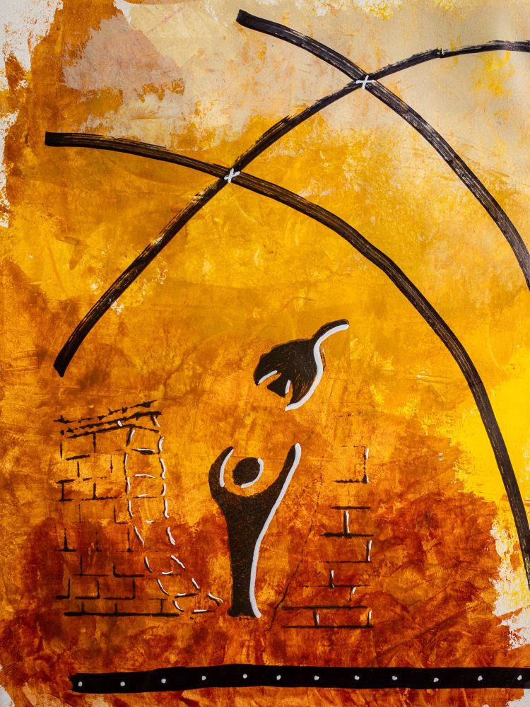 An acrylic and ink sketchbook page in warm tones showing the artist’s idea of freedom. Within constraints. 