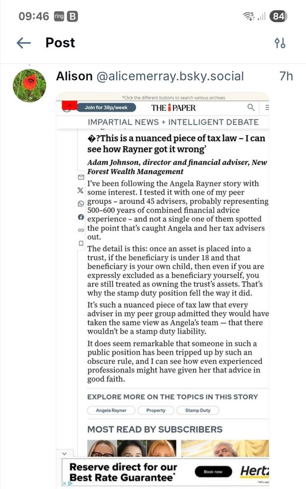 Screenshot of a piece from the i newspaper, explaining why Angela Rayner may have received the wrong tax advice.