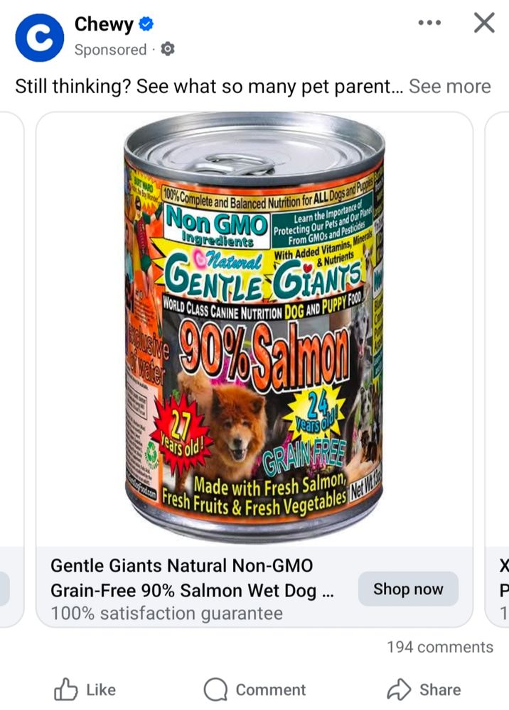 An ad for a can of salmon dog food. The can is absolutely covered with words in mixed fonts that were clipped in separately making it almost impossible to read 