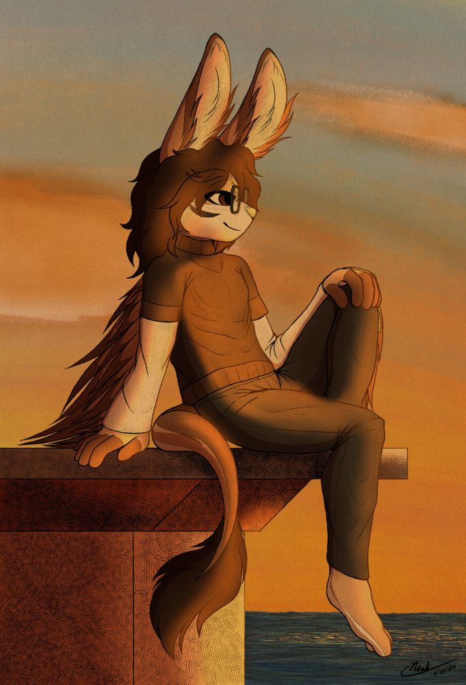 Ilustration of my OC Nesle on a pier looking at the sunset by the sea.