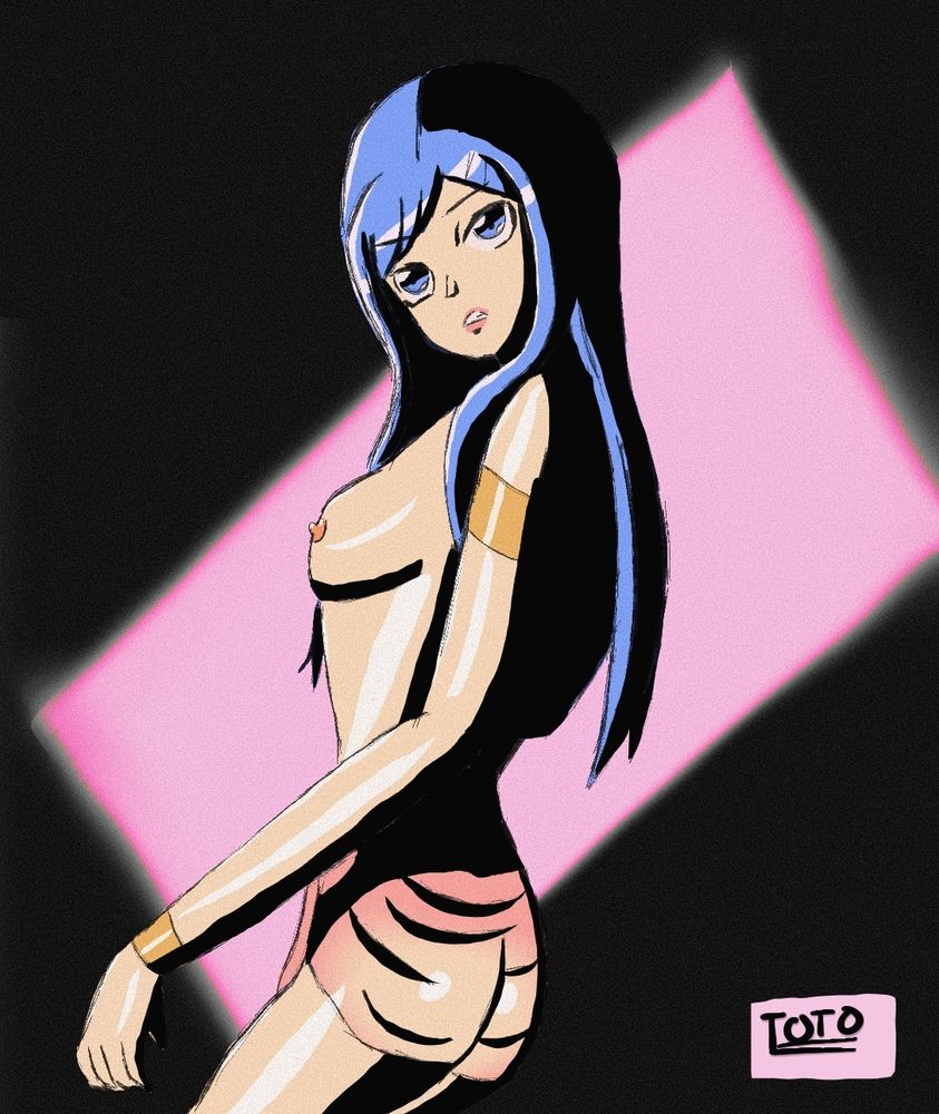 Digital art of Emmeline in her slave outfit, against a black background with a pink rectangle.