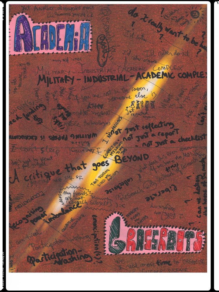 a brown page with an orange streak across it. all over the page are myriad people's handwriting expressing anxiety and positing questions about their work, as well as phrases such as 