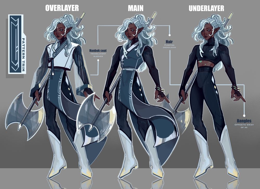 Character design for Quinntess [overlayer/main/underlayer] 

Pattern on left sign and design notes specifically for buyer