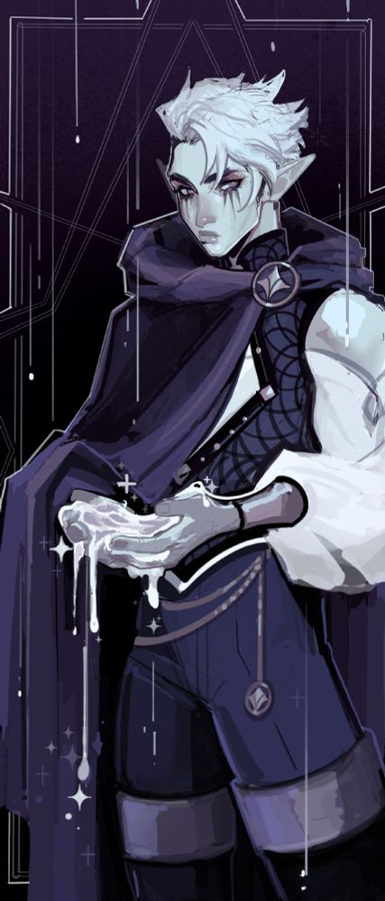 A character against a geometric background with falling silver stars. They have white hair, elf ears, a black cloak and a pinned clasp holding the cloak in place. A pool of silver liquid slips between cupped fingers and turn back into stars as they fall.