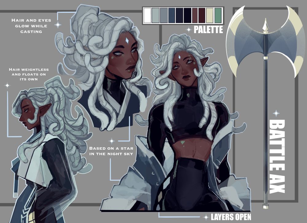 Side profile view on left, bust in the middle left, palette and waist up middle right, battle ax ref on right. Character notes are all for buyer