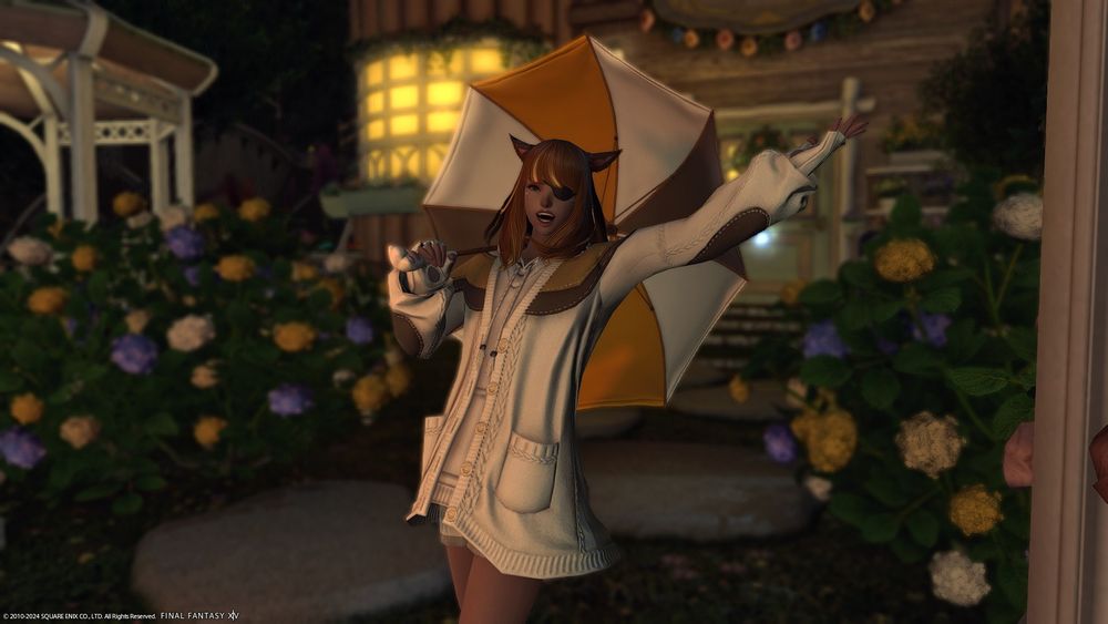 A Miqo'te in fatcat glam, dancing in the rain with a fatcat umbrella