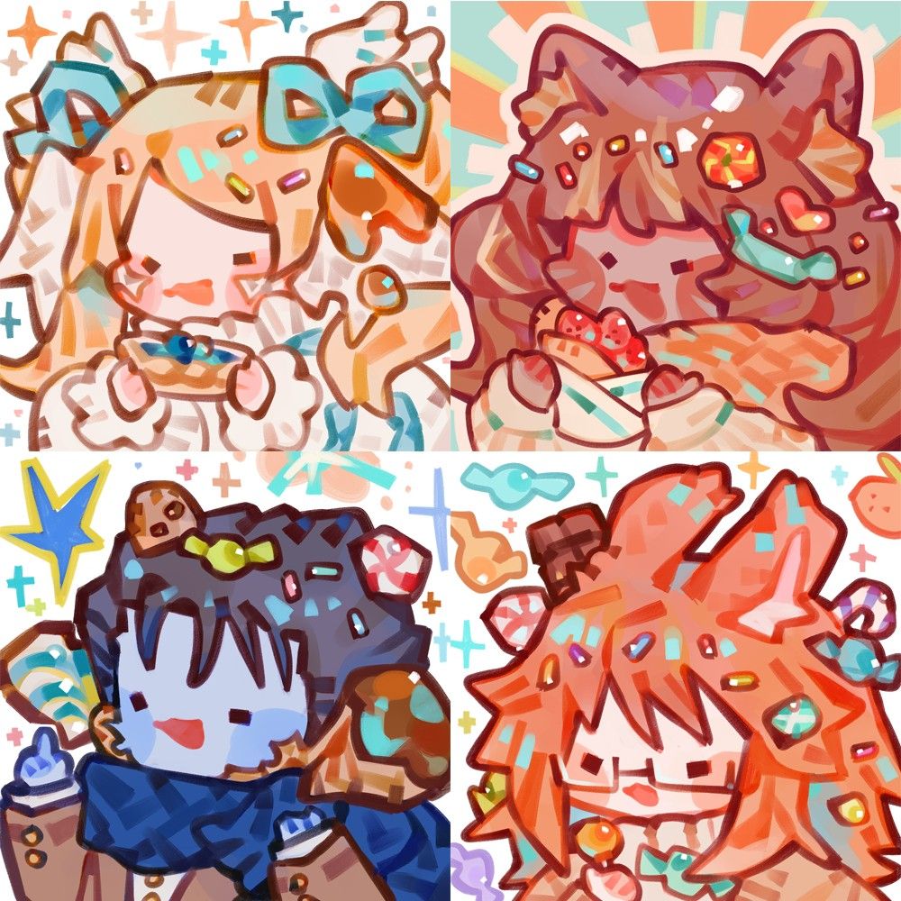 [FFXIV Art]

A 2x2 grid of colorful chibi art. Manari, Av'yana, Nahbdeen and Terrans take up their own corners in the image, holding sweets and confectionaries with pastel colored candies in their hair. Features (notably, Nahbdeen's horns) have been replaced with candies and ice cream cones and syrup. The background of each chibi also features bright stars, candies, and stripey doodles.