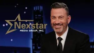 Jimmy Kimmel with a big grin next to the Nexstar logo. 