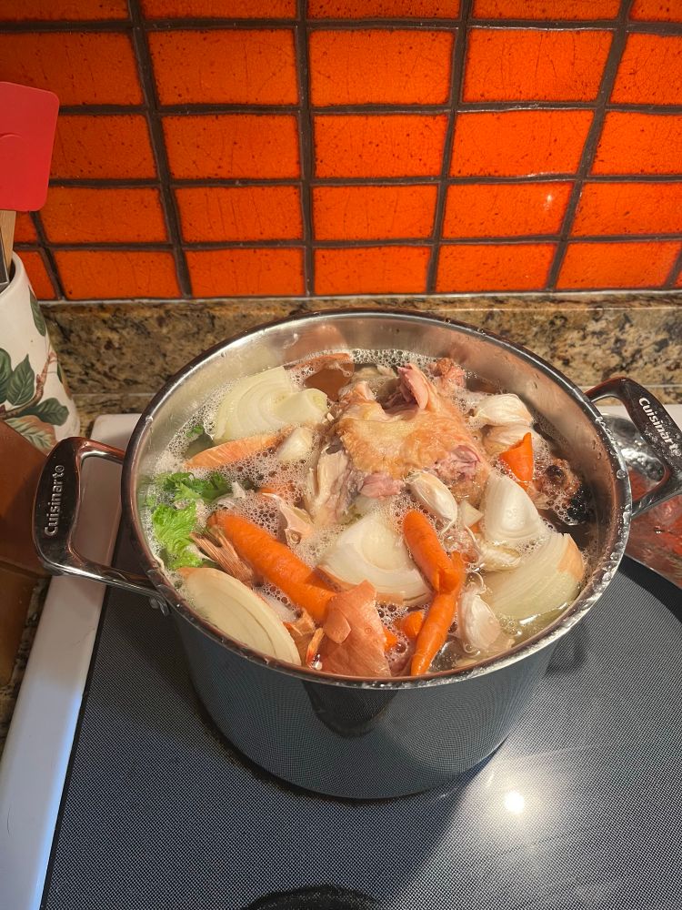 A giant pot of chicken stock that I just put on the burner