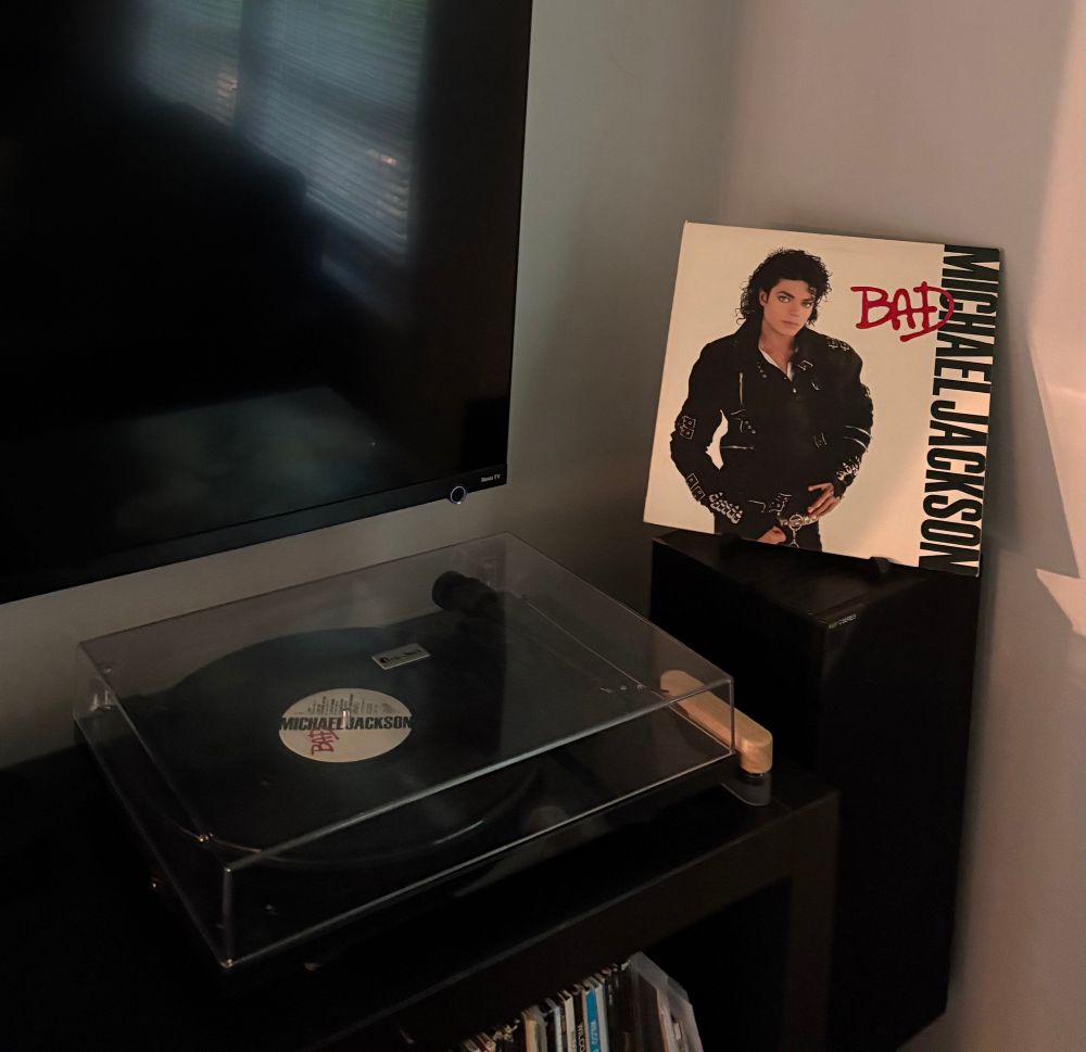 the album cover; Michael Jackson dressed in a black leather jacket with a bunch of straps and zippers all over it. It evokes a biker aesthetic. The album name 