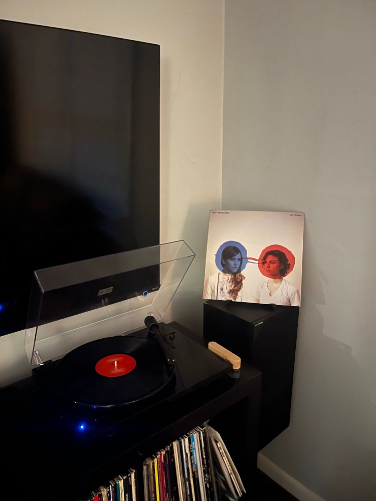The album cover; two band members (amber coffman & angel deradoorian) side by side from the chest up. Their faces are covered by semi-opaque colored circles, one blue and the other red. Faint lines connect the two circles together.