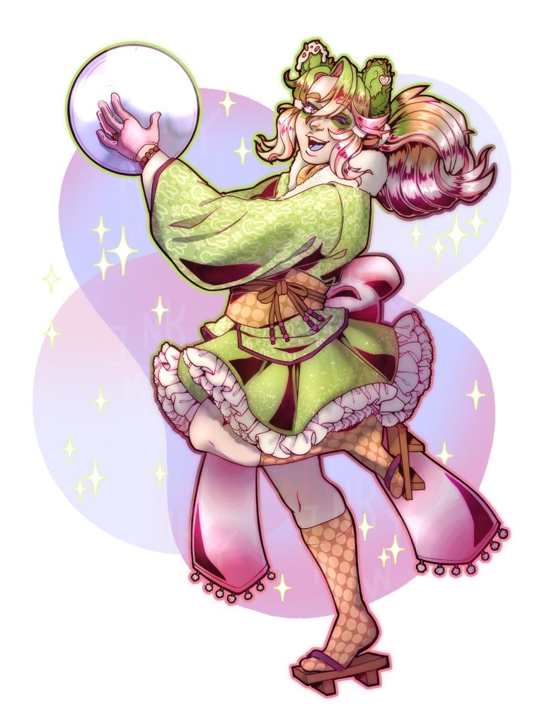 A drawing of Bunchata. She’s standing with one leg kicked up, leaning forward and holding a large pearl-like orb in both hands. Her dress is idol/kimono inspired with a big puffy bottom and a large bow on the back. She has a white chocolate drizzle on her ears with pistachio crumbles. I’m gonna be real, I was originally making her a pistachio penguin and the outfit design made a lot more sense but you can’t do a lot to signify “penguin” in a design so uhh panda ears it is lol!