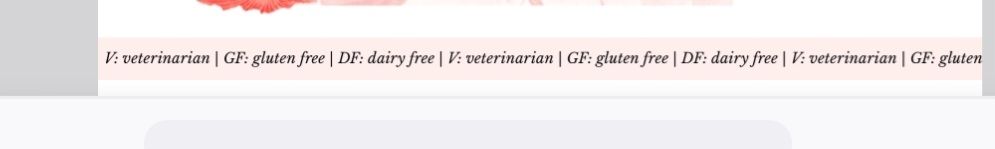 Bottom of a menu listing items as dairy free, gluten free, veterinarian 