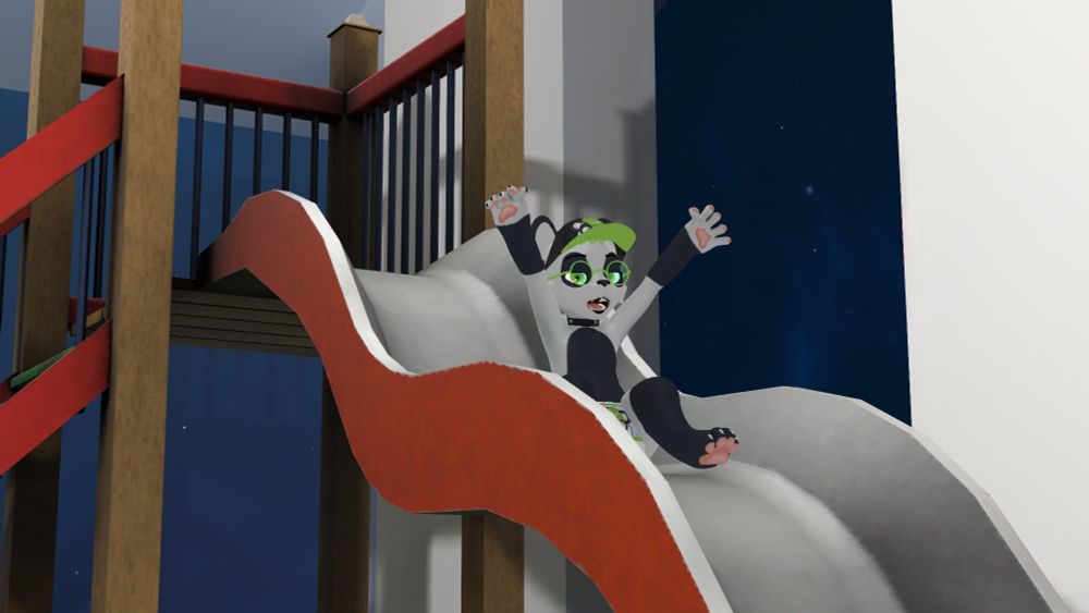 Jamesy The Panda sliding down the slide at Daycare!