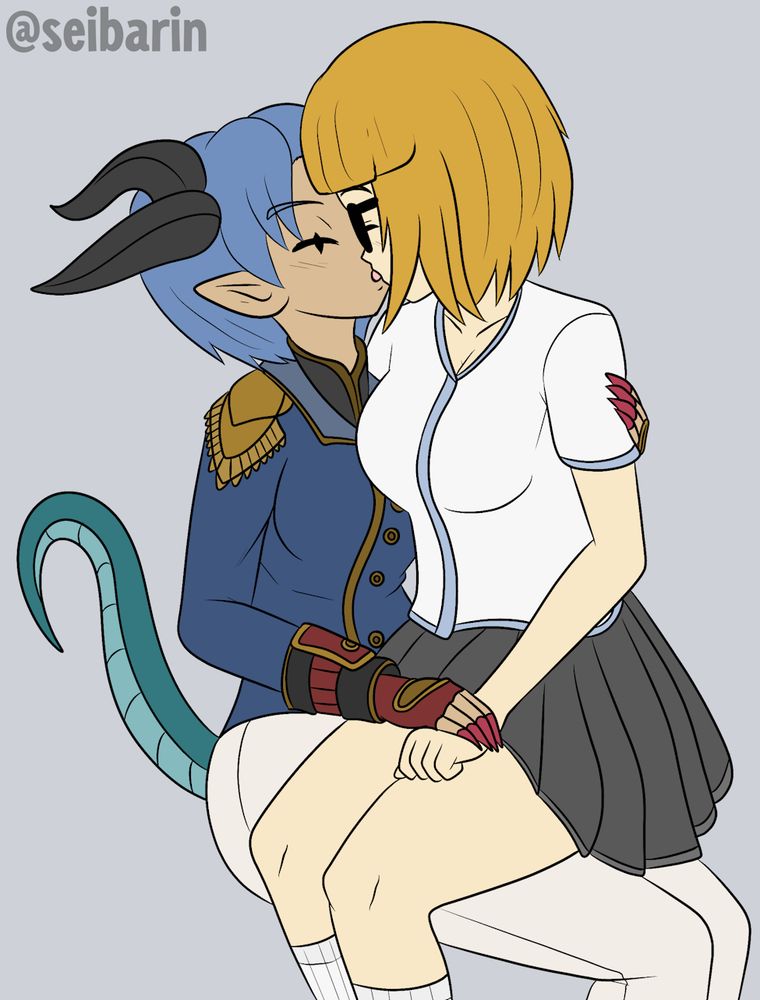 A handsome knightly lady with short blue hair, pointed ears, four curved black horns, a long green tail and red talons, wearing a somewhat militaristic blue coat with gold trim and epaulettes, and tight cream pants. On her lap sits a blonde human girl wearing glasses, a white short-sleeved shirt and grey skirt. The two are kissing passionately.