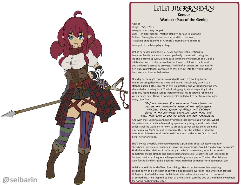 A female kender with teal eyes and red hair styled into very puffy twintails. She wears a cream blouse under a brown corset-like piece of clothing with large pouches on the front, as well as black shorts, a black and red checkered open front skirt, brown boots and mismatched socks and gloves. A purple bottle studded with eye-like designs hangs from one of her many belts, and she wields her hoopak, the traditional kender weapon: a spear on one end, and a slingshot on the other.