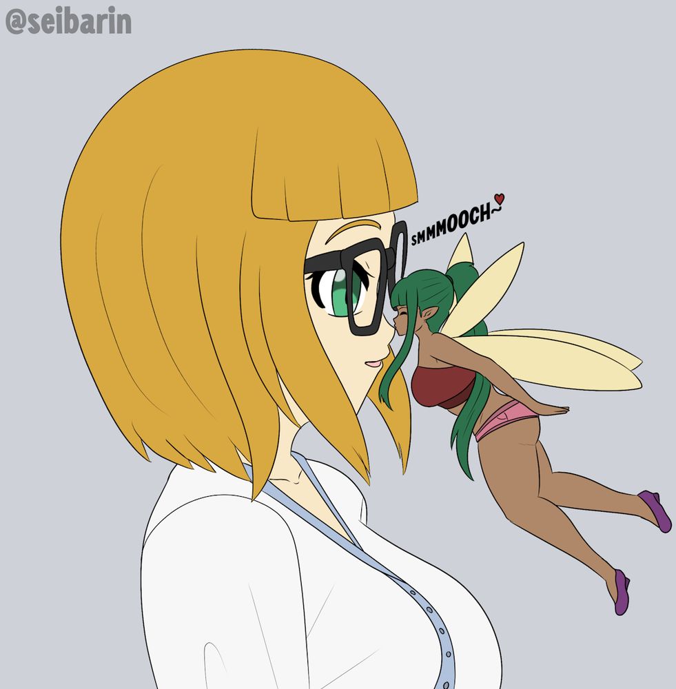 A girl with shoulder-length blonde hair and green eyes, wearing glasses and a white short-sleeved short, being kissed on the nose by a fairy with a long green ponytail and wearing a red bandeau and pink hotpants.
