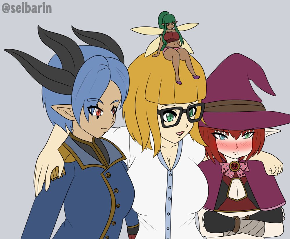 A girl with shoulder-length blonde hair and green eyes, wearing glasses and a white short-sleeved short, with her arms wrapped around the shoulders of a handsome knightly lady with short blue hair, pointed ears and four black horns wearing a somewhat militaristic blue coat, and a grumpy, blushing female elf with short red hair and blue and green heterochromia wearing a purple witch hat and capelet, black fingerless gloves, and a red and black tanktop that has a cleavage cutout despite her flat chest having no cleavage to show off.
On top of the blonde girl's hair sits a fairy with a long green ponytail, wearing a red bandeau and pink hotpants.
