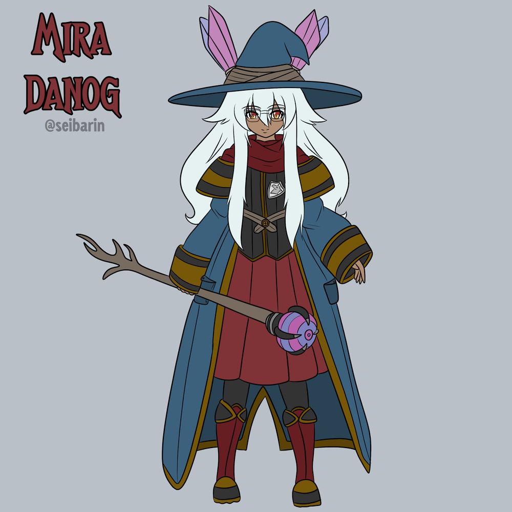 A seemingly human girl with tan skin, orange-red eyes and long wavy silver hair. She wears glasses, a long blue coat, a blue wizard hat with purple crystals sticking out of it, a black tunic, and a red skirt, boots and scarf. In her right hand she holds a staff that's tipped by an ornament that looks like a dragon's claw clutching a purple orb. On her breast she wears a silver shield-shaped badge bearing the image of a dragon's head in profile.