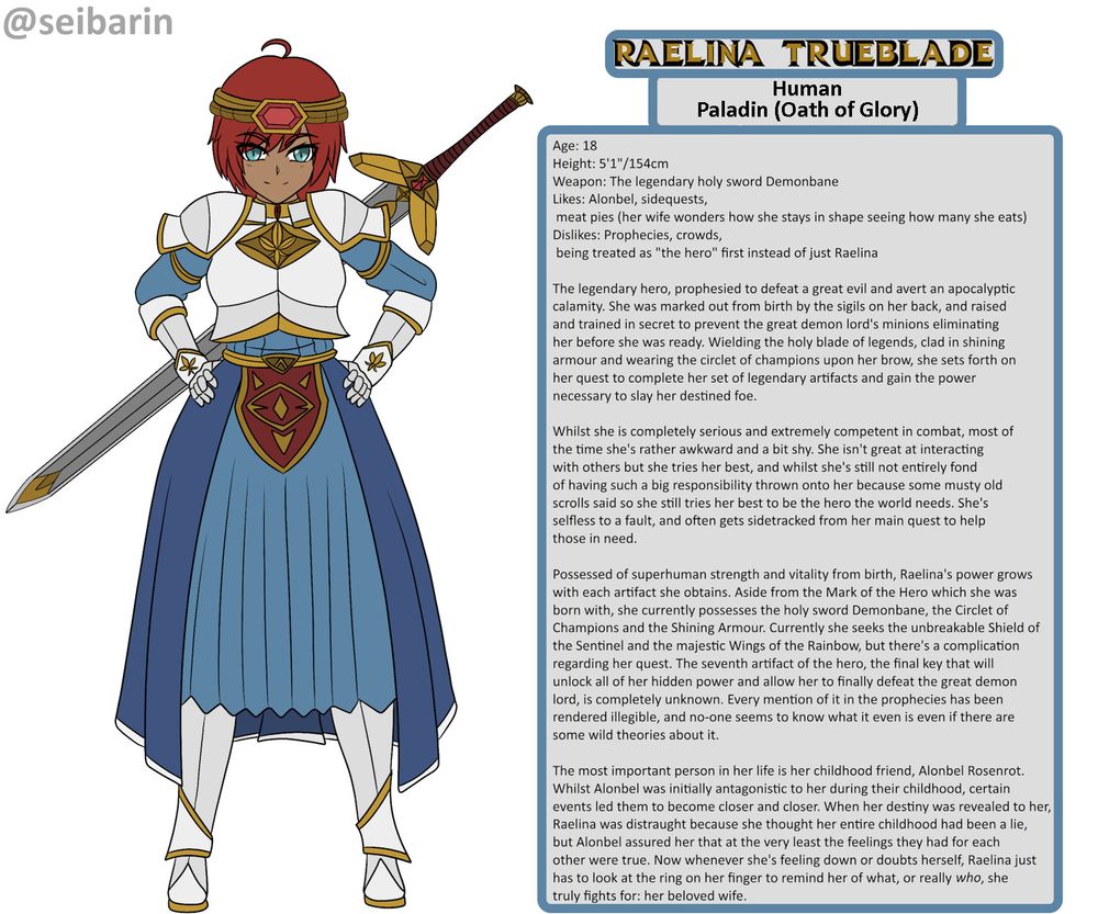 A female knight with short red hair and teal eyes, standing with her hands on her hips. She wears an ornate armoured dress and a circlet with a large ruby over her forehead. On her back is strapped her legendary holy sword.