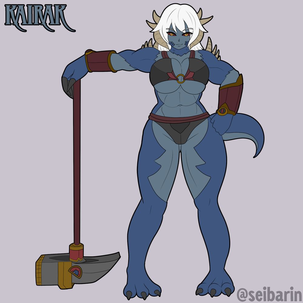 A female blue dragonborn (or how I do dragonborn because I'm not good at drawing canon friendly dragonborn). Her body is a mass of muscle, which is shown off by the black battle bikini she's wearing. Her skin is a dull blue, with parts of her body covered in deeper blue scales. She has long white hair, yellow eyes with red sclera, six horns and batches of spines growing from her shoulders, as well as a scaly tail. In her right claw she holds a large hammer.